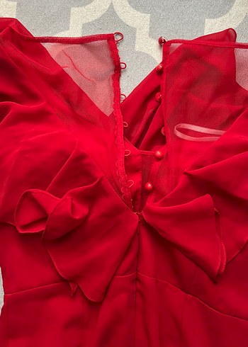 Kırmızı V Yaka Uzun Kollu Abiye Elbise 38 beden - Görsel 5