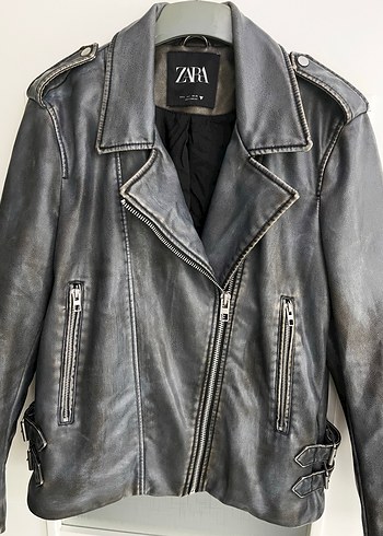 Gri Kadın Deri Biker Ceket - Görsel 6