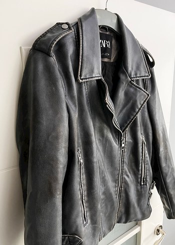 Gri Kadın Deri Biker Ceket - Görsel 5