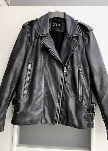 Gri Kadın Deri Biker Ceket - Görsel 2