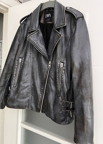 Gri Kadın Deri Biker Ceket - Görsel 3