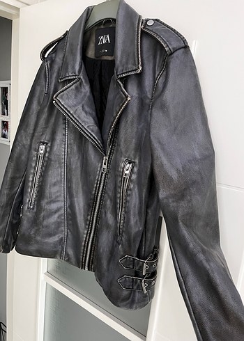 Gri Kadın Deri Biker Ceket - Görsel 7