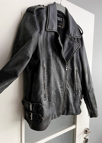 Gri Kadın Deri Biker Ceket - Görsel 4