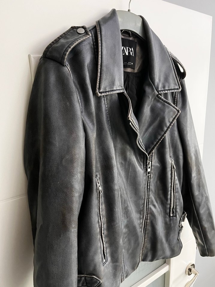 Gri Kadın Deri Biker Ceket - Görsel 5