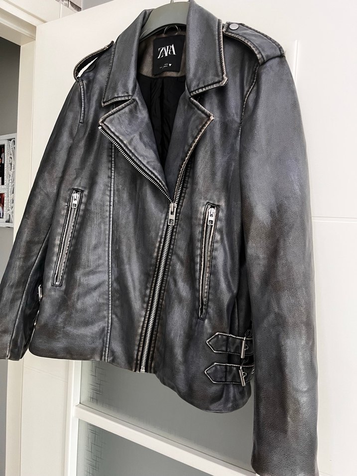 Gri Kadın Deri Biker Ceket - Görsel 3