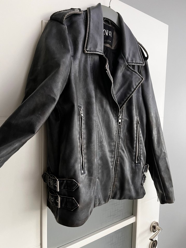 Gri Kadın Deri Biker Ceket - Görsel 4