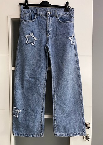 Nakışlı Mavi Bol Kesim Kot Pantolon - Görsel 2