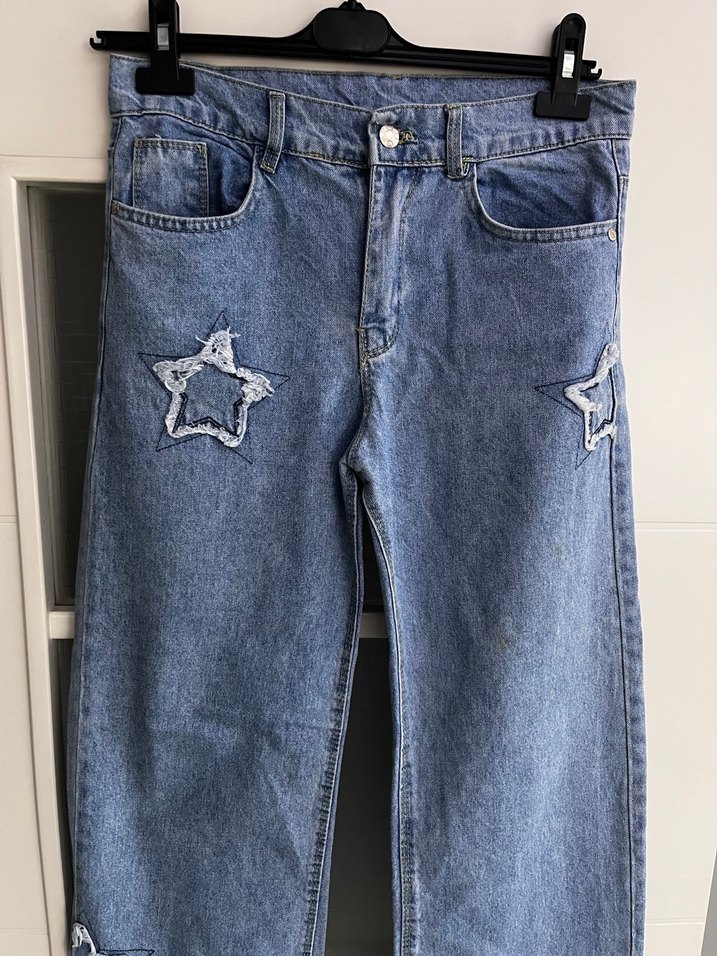 Nakışlı Mavi Bol Kesim Kot Pantolon - Görsel 4