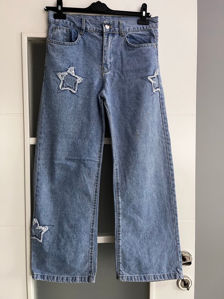 Nakışlı Mavi Bol Kesim Kot Pantolon - Görsel 2