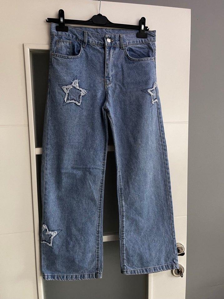 Nakışlı Mavi Bol Kesim Kot Pantolon - Görsel 5