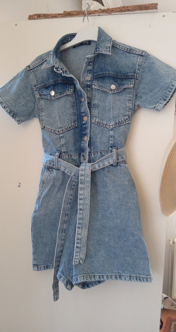 Düğmeli Denim Kısa Tulum - Görsel 2