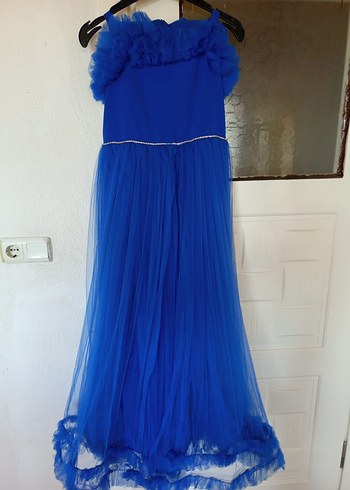 Mavi Uzun Fırfırlı Straplez Kadın Elbise - Görsel 5