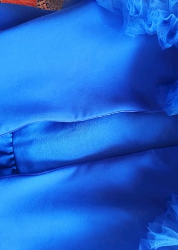 Mavi Uzun Fırfırlı Straplez Kadın Elbise - Görsel 6