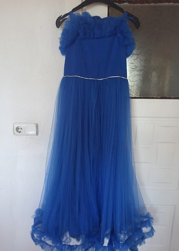 Mavi Uzun Fırfırlı Straplez Kadın Elbise - Görsel 8