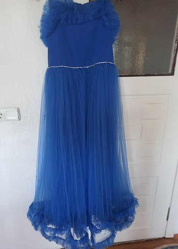 Mavi Uzun Fırfırlı Straplez Kadın Elbise - Görsel 3