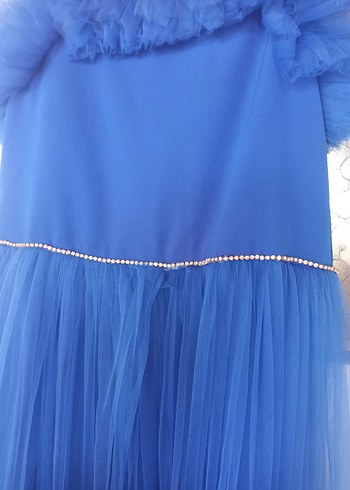 Mavi Uzun Fırfırlı Straplez Kadın Elbise - Görsel 4