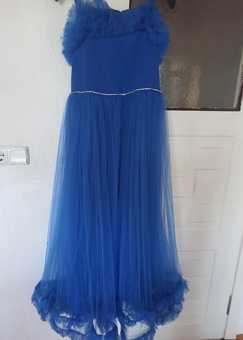 Mavi Uzun Fırfırlı Straplez Kadın Elbise - Görsel 2