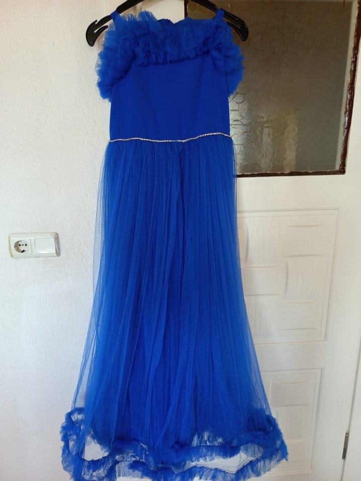 Mavi Uzun Fırfırlı Straplez Kadın Elbise - Görsel 5