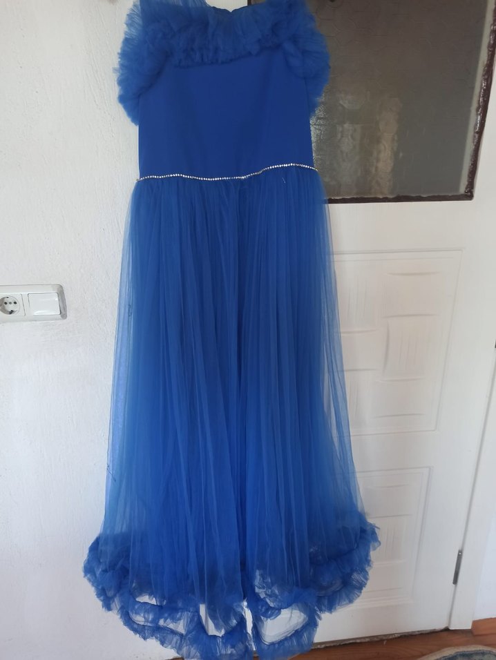 Mavi Uzun Fırfırlı Straplez Kadın Elbise - Görsel 3