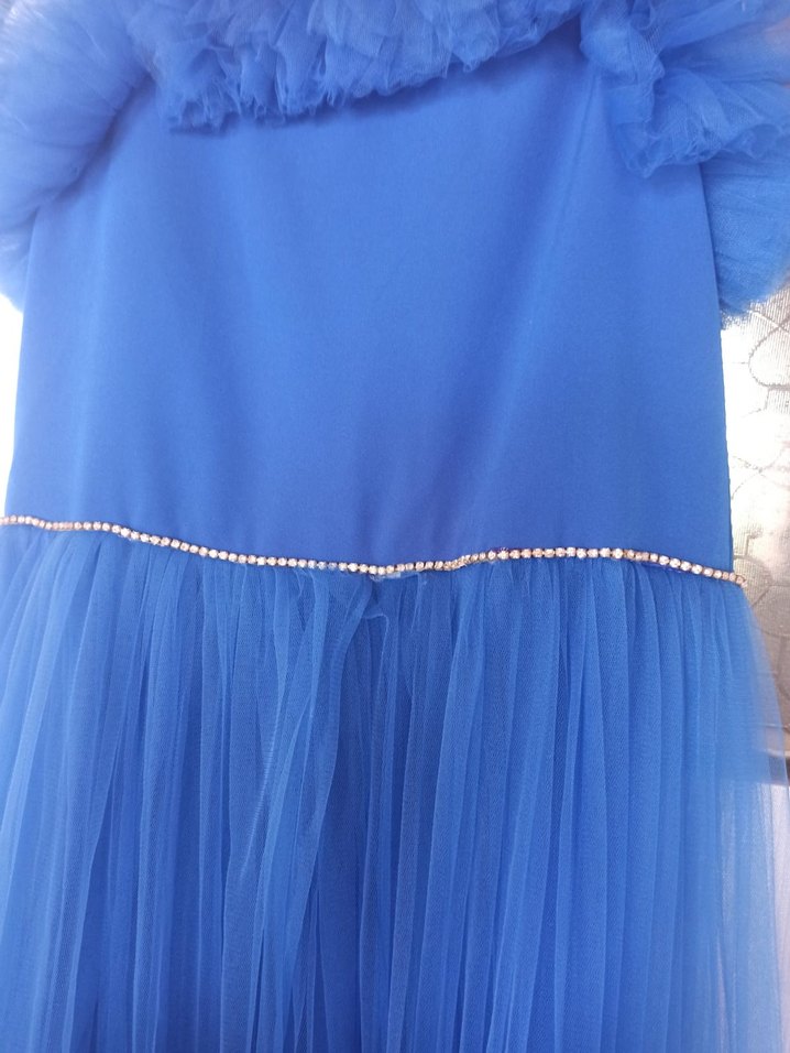 Mavi Uzun Fırfırlı Straplez Kadın Elbise - Görsel 4