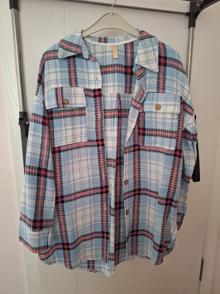 Mavi Ekose Düğmeli Kadın Gömlek - Görsel 3