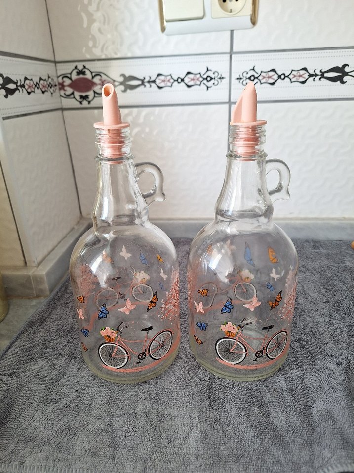 Renkli Desenli Cam Yağ Şişesi Seti - Görsel 4