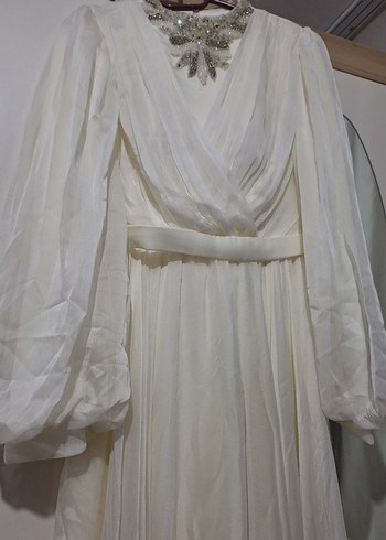 Beyaz Uzun Kollu Keten Uzun Elbise - Görsel 3