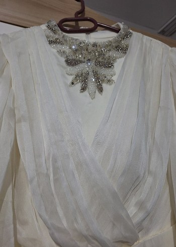 Beyaz Uzun Kollu Keten Uzun Elbise - Görsel 2