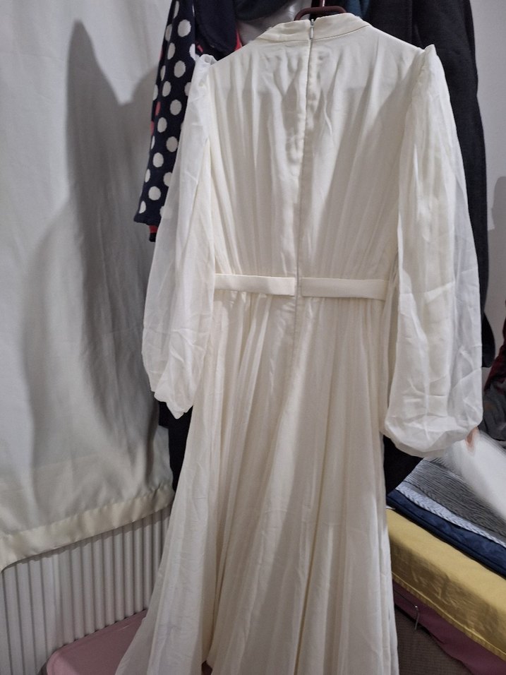 Beyaz Uzun Kollu Keten Uzun Elbise - Görsel 5