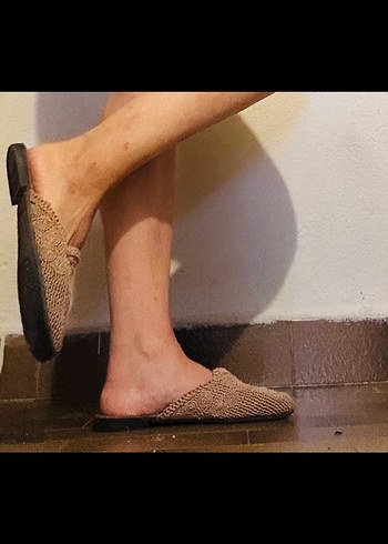 Bej Örgü Stiletto Topuklu Kadın Terlik