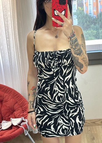 Siyah Beyaz Zebra Desenli Mini Elbise
