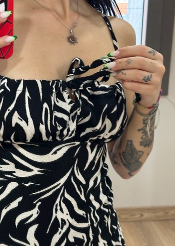 Addax Siyah Beyaz Zebra Desenli Mini Elbise