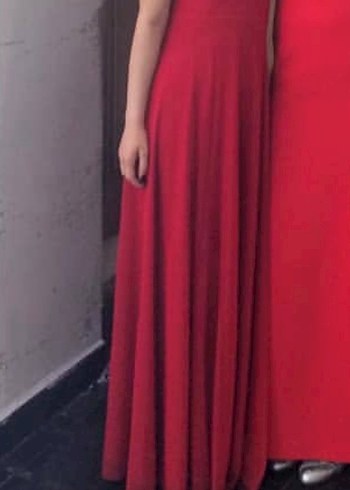 Drapeli Uzun Kırmızı Kadın Abiye Elbise - Görsel 2