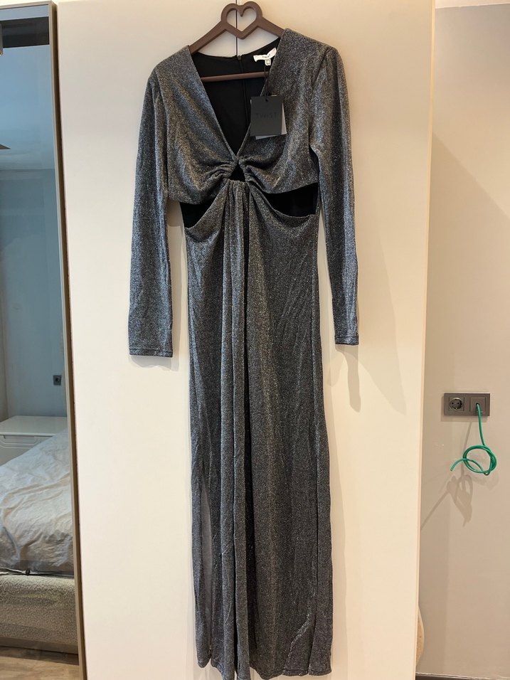 Gri Uzun Kollu Drapeli Kadın Abiye Elbise - Görsel 2