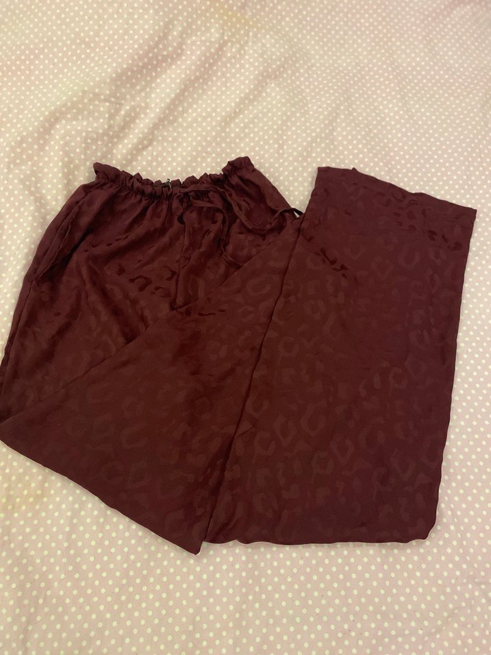 Bordo Kadın Salaş Leopar Desenli Midi Kumaş Pantolon - Görsel 3