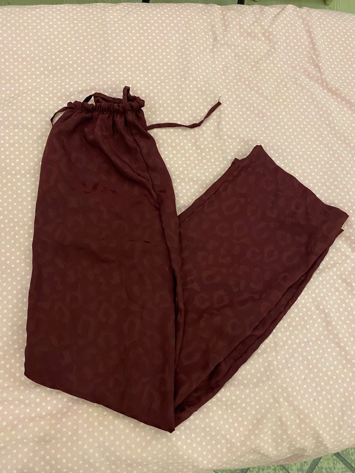 Bordo Kadın Salaş Leopar Desenli Midi Kumaş Pantolon - Görsel 2