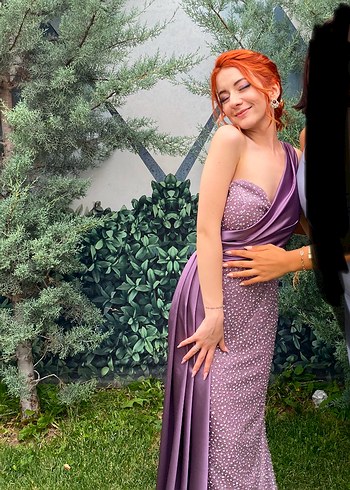 Abiye Mor Drapeli Uzun Abiye Elbise