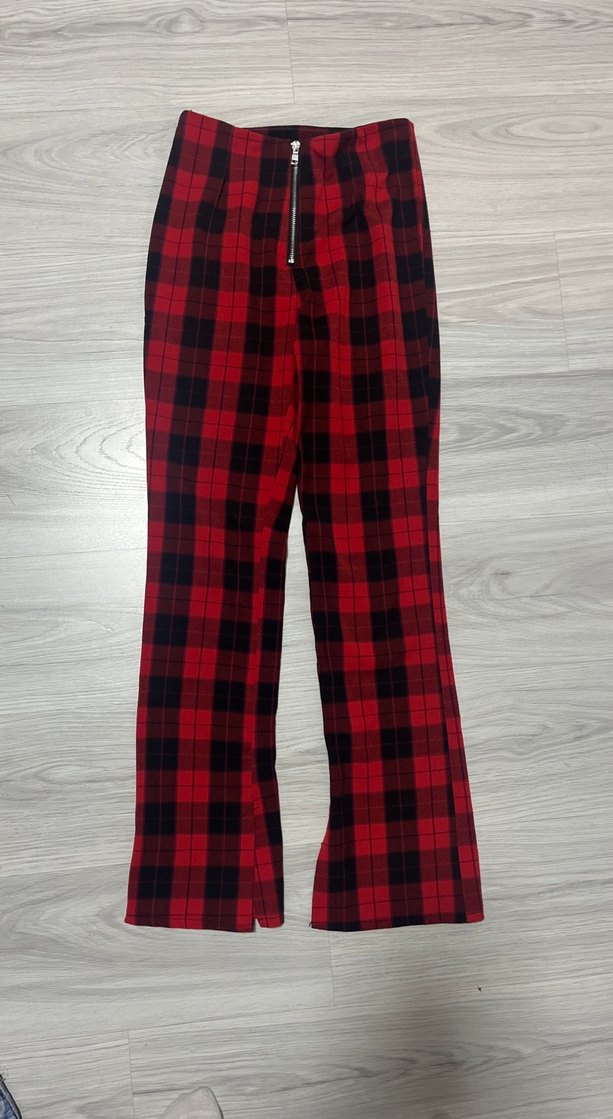 H&M Kırmızı Kareli Düğmeli Kadın Pantolon - Görsel 4