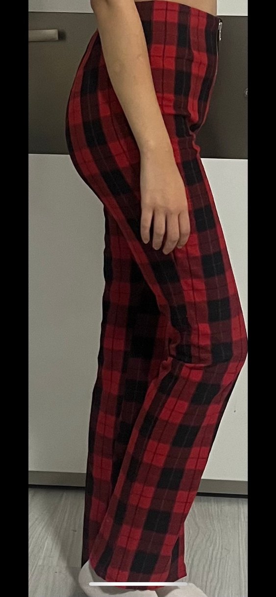 H&M Kırmızı Kareli Düğmeli Kadın Pantolon - Görsel 2
