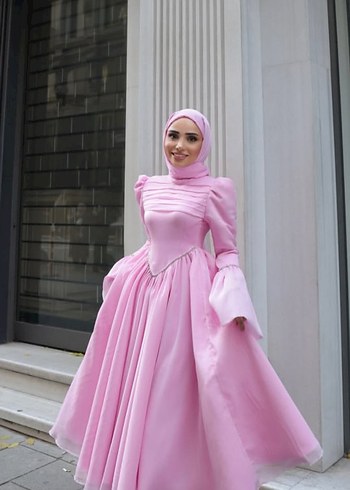 Pembe Uzun Kollu Drapeli prenses abiye - Görsel 3