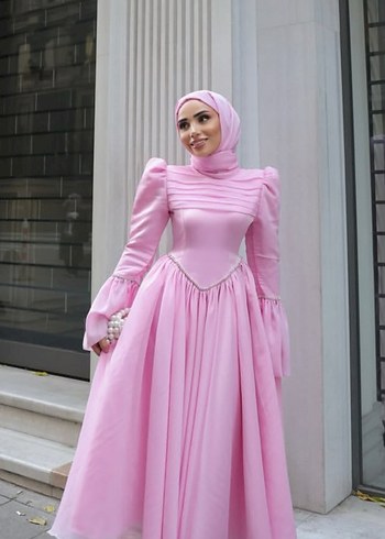 Pembe Uzun Kollu Drapeli prenses abiye - Görsel 4