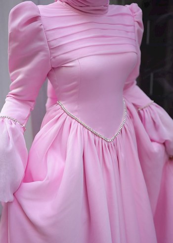 Pembe Uzun Kollu Drapeli prenses abiye - Görsel 5