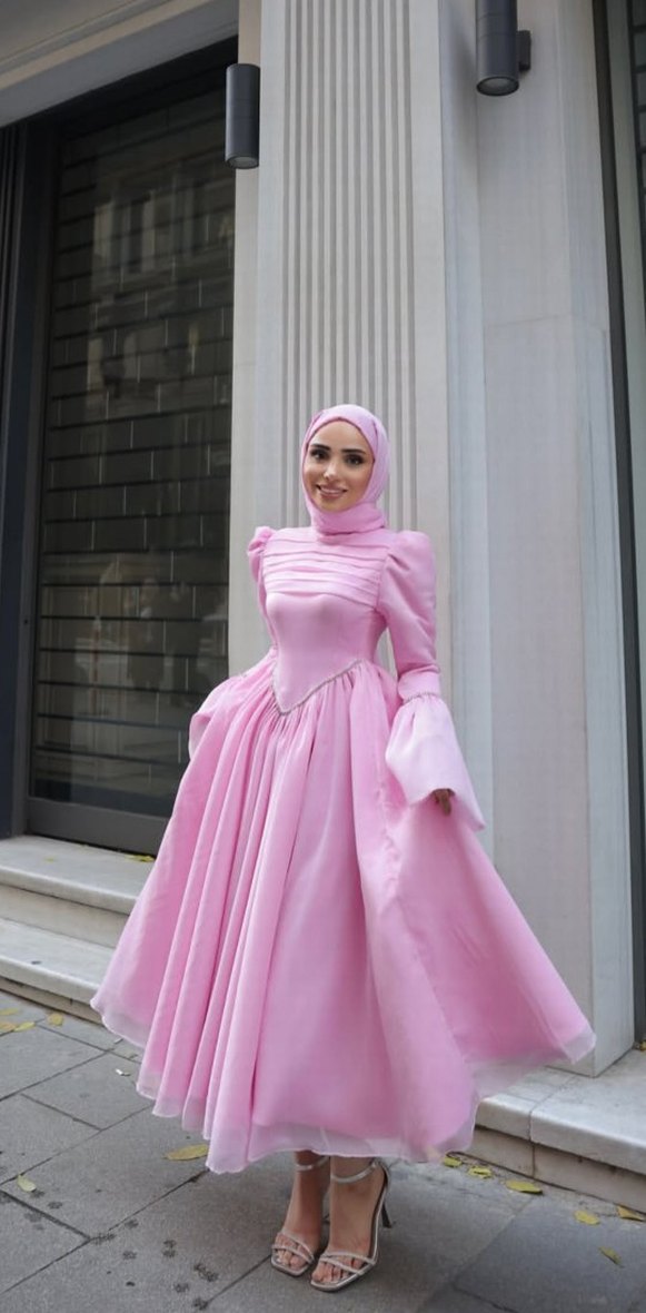 Pembe Uzun Kollu Drapeli prenses abiye - Görsel 3