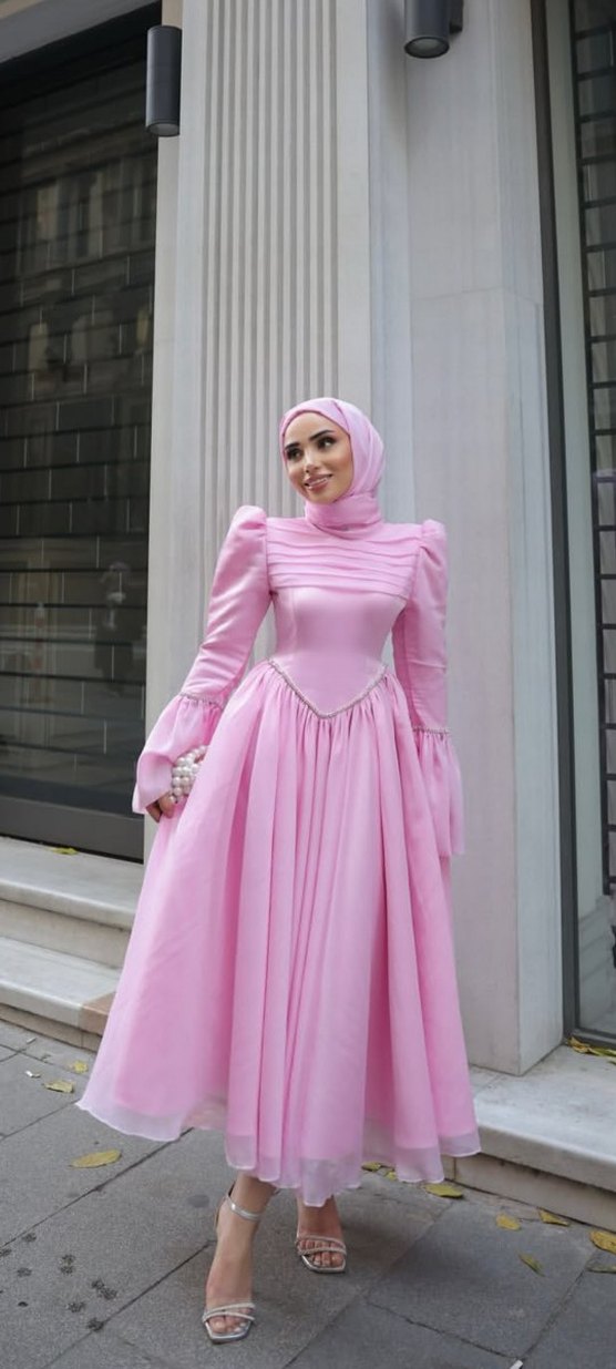 Pembe Uzun Kollu Drapeli prenses abiye - Görsel 4