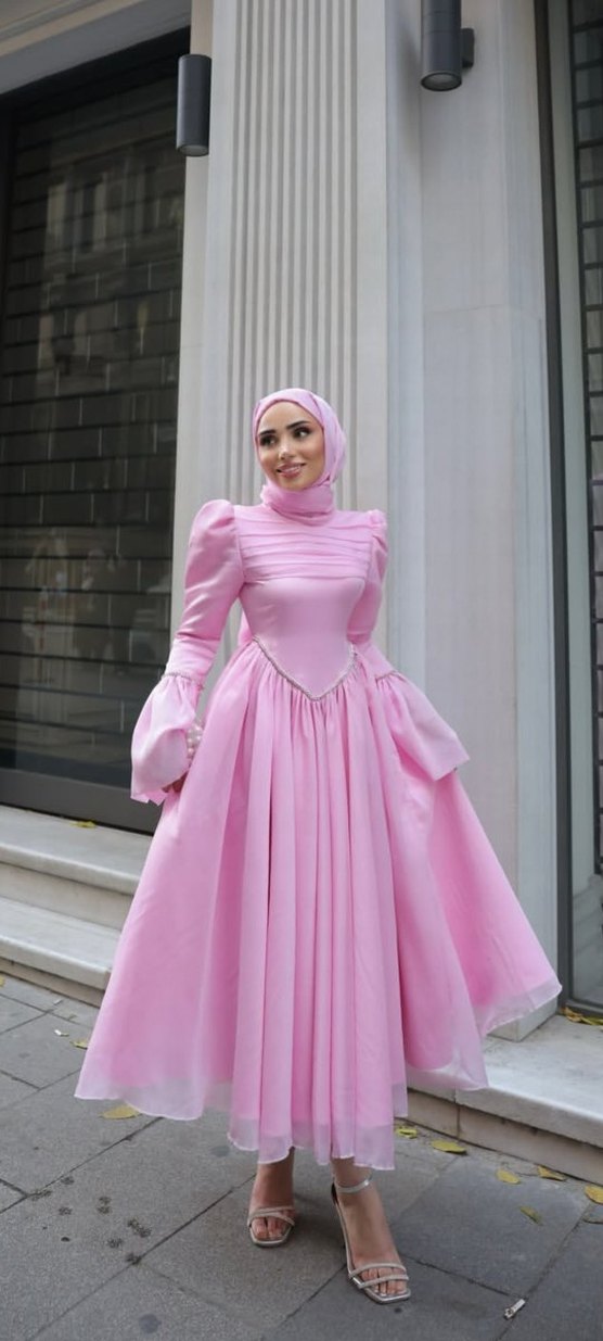 Pembe Uzun Kollu Drapeli prenses abiye - Görsel 2