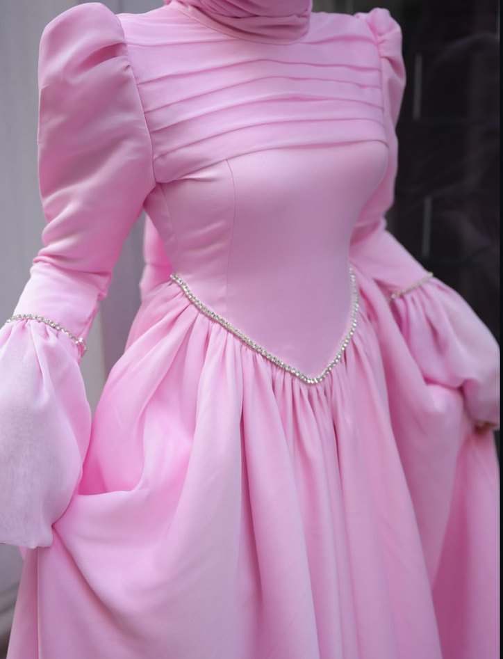 Pembe Uzun Kollu Drapeli prenses abiye - Görsel 5