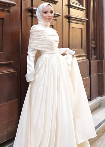 Beyaz Drapeli Uzun Kollu Kadın nikah abiyesi nişan abiyesi - Görsel 2