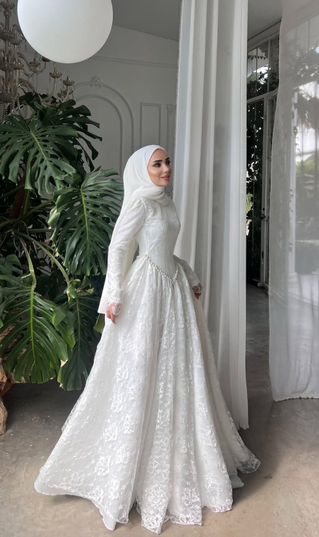 kişiye Özel dikim tesettür Fransız dantel gelinlik nikah abiyesi - Görsel 5