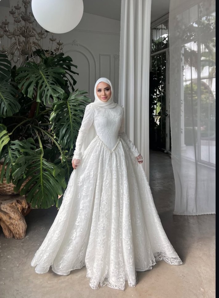 kişiye Özel dikim tesettür Fransız dantel gelinlik nikah abiyesi - Görsel 2