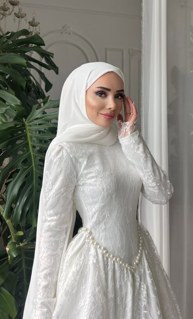 kişiye Özel dikim tesettür Fransız dantel gelinlik nikah abiyesi - Görsel 3